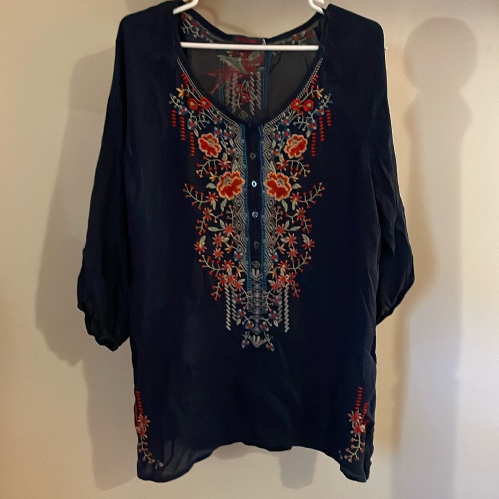 Johnny Was Blue Embroidered Blouse L